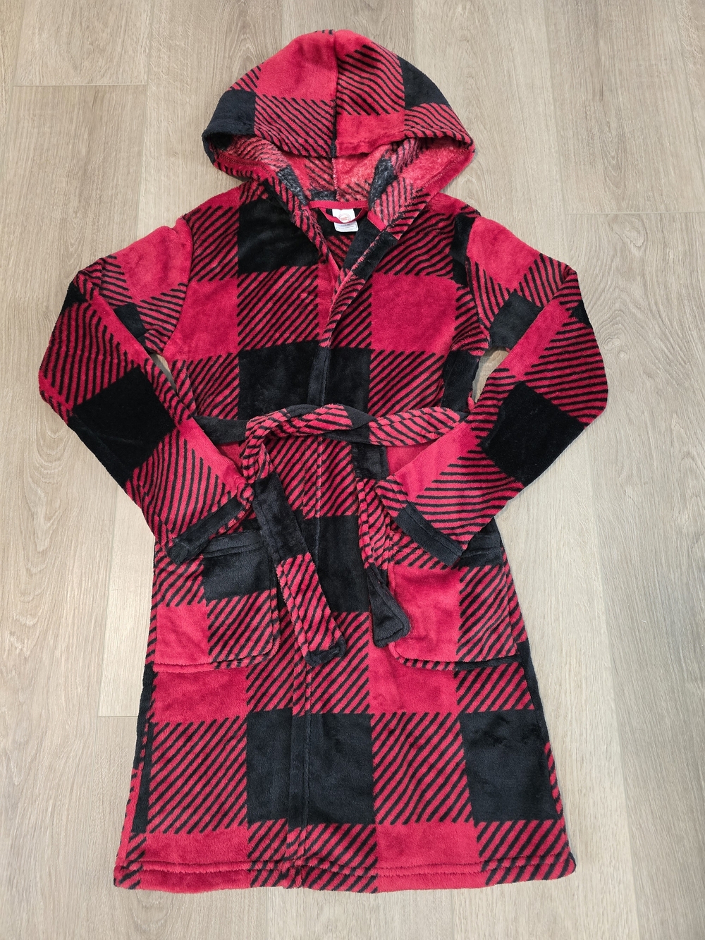 Wonder Nation Kids Hooded Plush‎ Bathrobe Red Black Plaid Size L 10/12